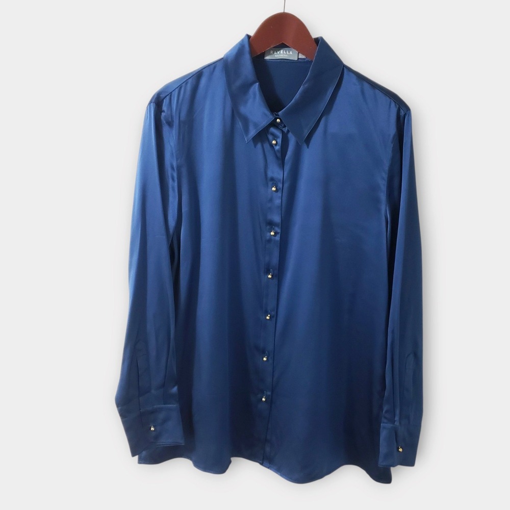 Ravella Milano Luxury Silk Button Down Blouse Sapphire Blue 100% Pure Silk  XL